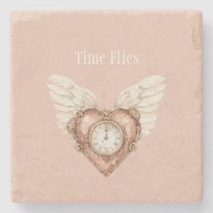 Heart Clock White Wings Time Flies Stone Coaster