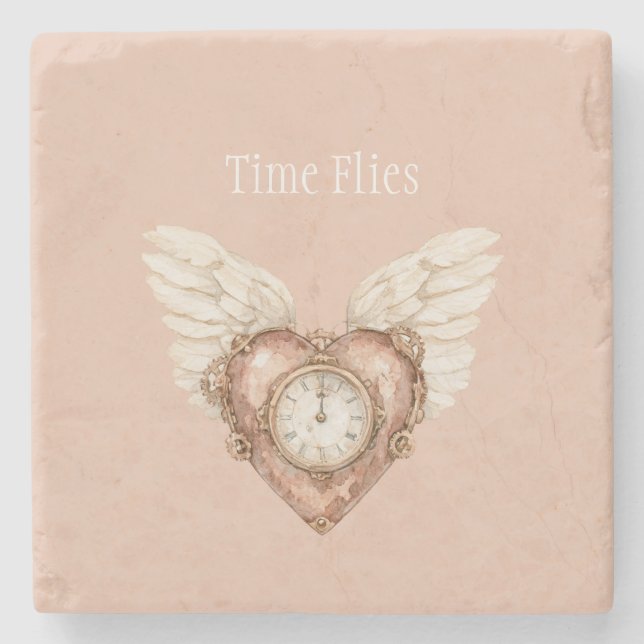 Heart Clock White Wings Time Flies Stone Coaster (Front)