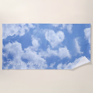 Heart Cloud Sky Cute Fun Modern Blue Custom Name Beach Towel