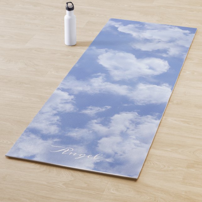   Heart Cloud Sky Cute Fun Modern Blue Custom Name Yoga Mat (In Situ)