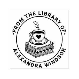 Heart Coffee Cup on Book Stack Library Book Name Self-inking Stamp