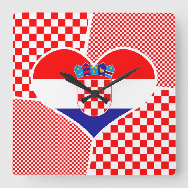 Heart Collage Croatian Flag With Checkers Square Wall Clock (Front)