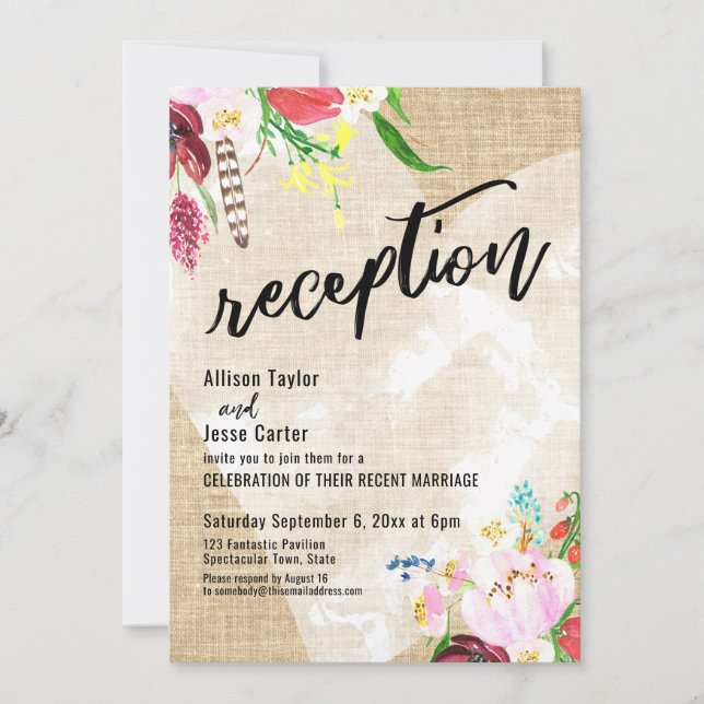 Heart Colourful Flowers Burlap Wedding Reception Invitation (Front)
