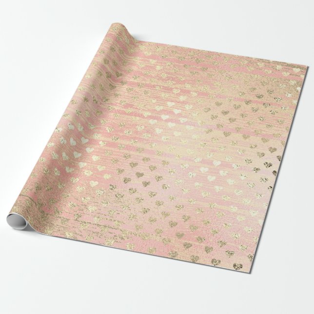 Heart Confetti Metallic Shabby Gold Wood Pink Rose Wrapping Paper (Unrolled)