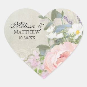 Heart Cream Grey  BOHO Rustic Woodsy Floral Peony Sticker