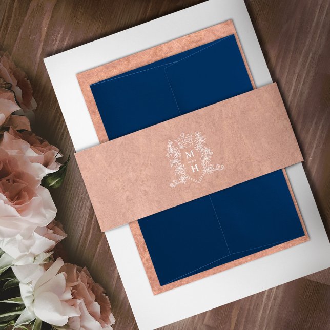 Heart crown monogram rose gold and white wedding invitation belly band (Creator Uploaded)