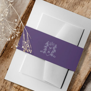Heart crown monogram silver and purple wedding invitation belly band