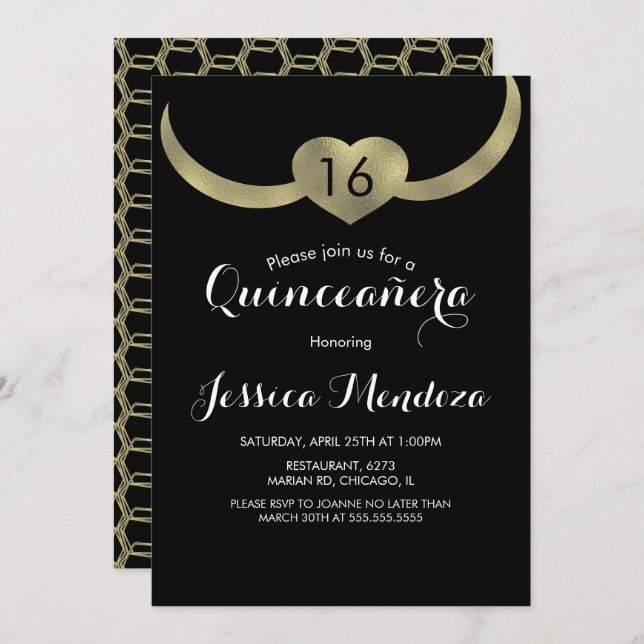 Heart Crown Quinceañera Sweet 16 Gold Foil  Invitation (Front/Back)