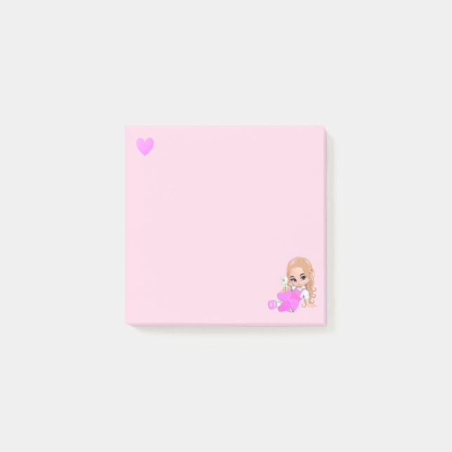 Heart & Cute Fairy with Daisy on Light Pink Post-it Notes (Front)