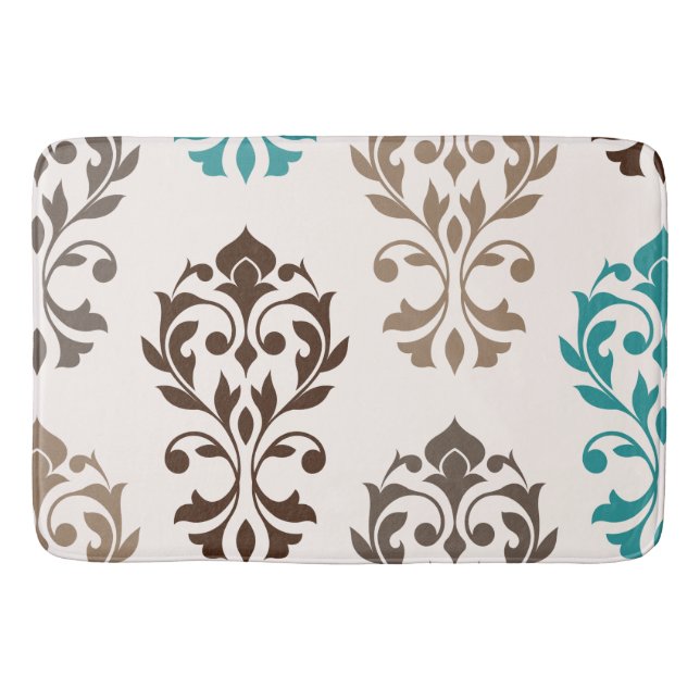 Heart Damask Art I Browns Teal Cream Bath Mat (Front)
