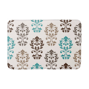 Heart Damask Art Ib Browns Teal Cream Bath Mat