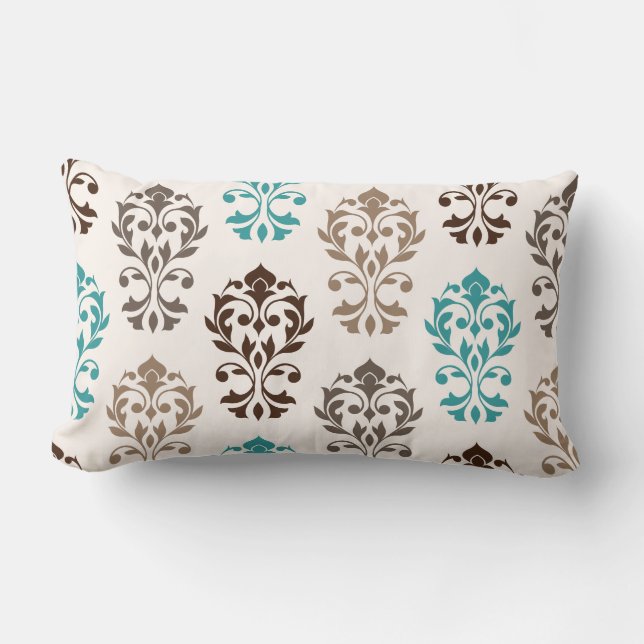 Heart Damask Art Ib Browns Teal Cream Lumbar Cushion (Front)