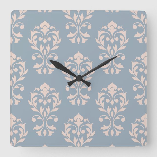 Heart Damask Big Ptn II Pink on Blue Square Wall Clock (Front)