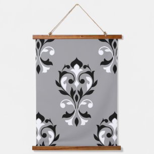 Heart Damask Lg Pattern I Black+White on Grey Hanging Tapestry