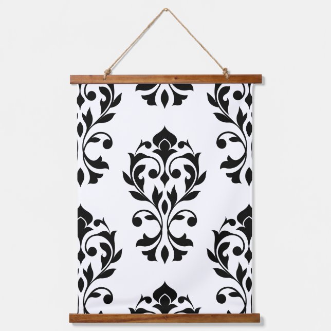 Heart Damask Lg Pattern II Black on White Hanging Tapestry (Front)