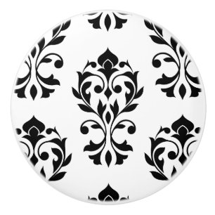 Heart Damask Lg Ptn II Black on White Ceramic Knob