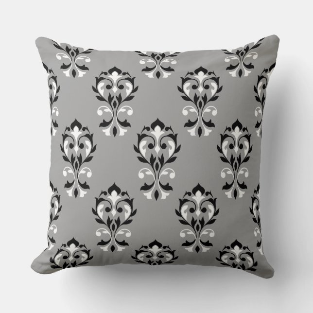 Heart Damask Ptn Black & White on Grey Cushion (Front)