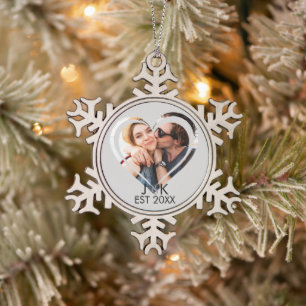 Heart Dating Couple Girlfriend Boyfriend Photo Snowflake Pewter Christmas Ornament