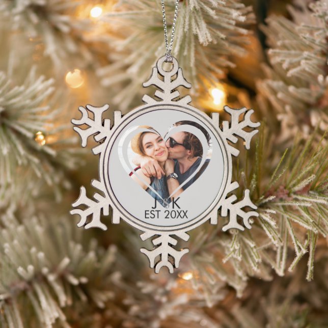 Heart Dating Couple Girlfriend Boyfriend Photo  Snowflake Pewter Christmas Ornament (Tree)