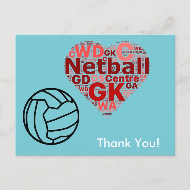 Heart Design Netball Thank You Postcard (Front)