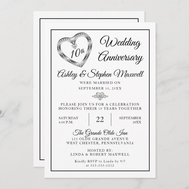 Heart Diamonds 10th Wedding Anniversary Party Invitation (Front/Back)