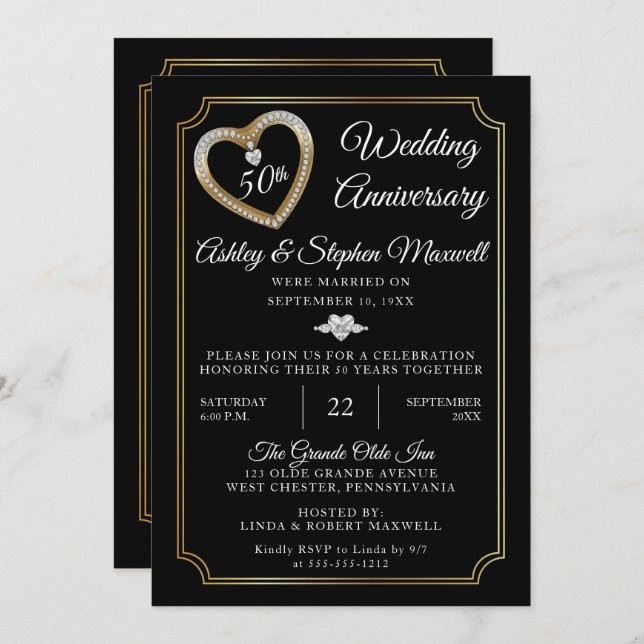 Heart Diamonds 50th Wedding Anniversary Party Invitation (Front/Back)