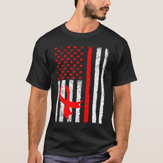 Heart Disease Awareness Red Ribbon American Flag U T-Shirt (Front)