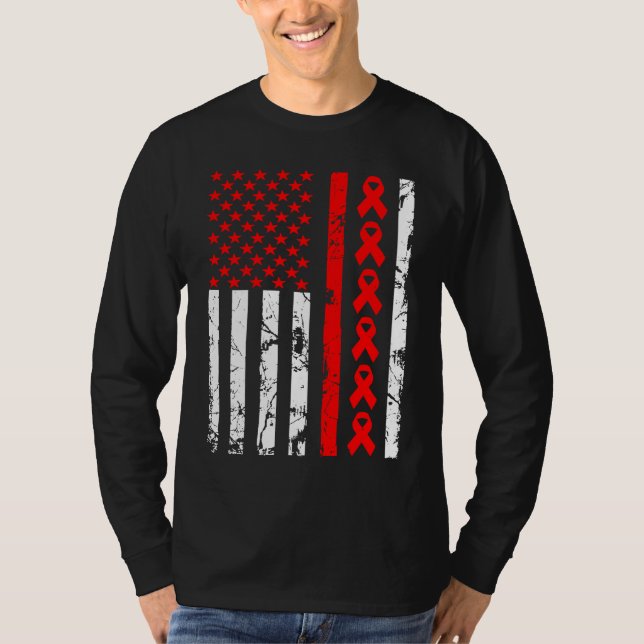 Heart Disease Awareness Red Ribbon American Flag U T-Shirt (Front)