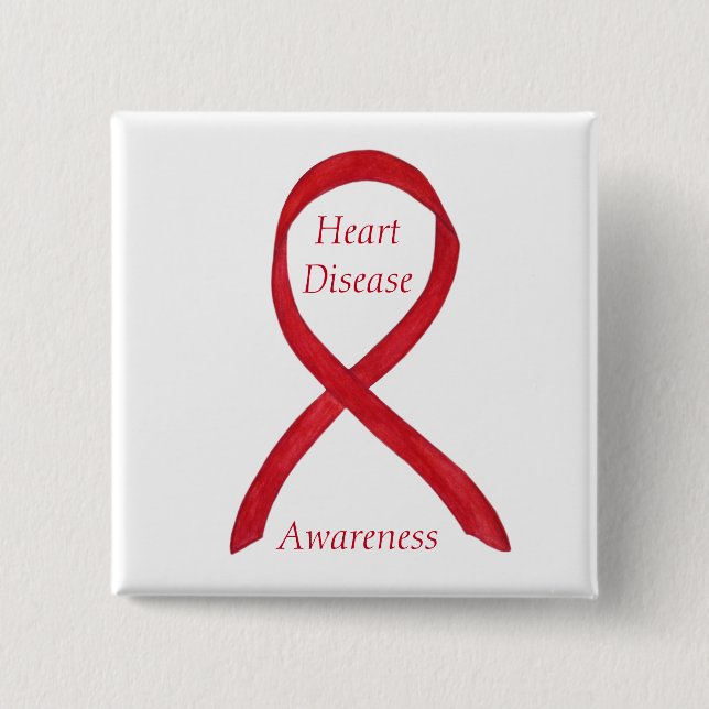Heart Disease Awareness Red Ribbon Custom Pin (Front)