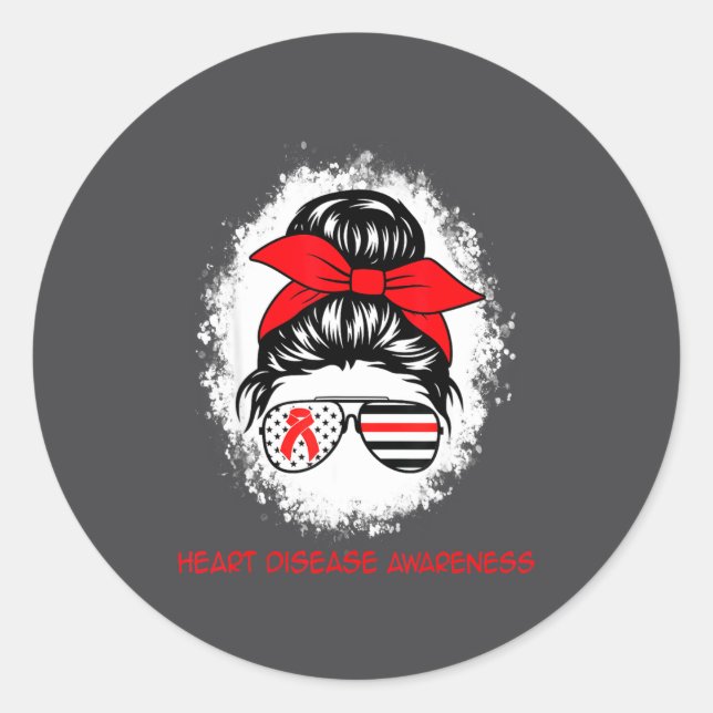 Heart Disease Awareness Red Ribbon Heart Messy Bun Classic Round Sticker (Front)