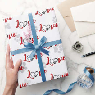 Heart Dog Paw Prints With Love Text Wrapping Paper
