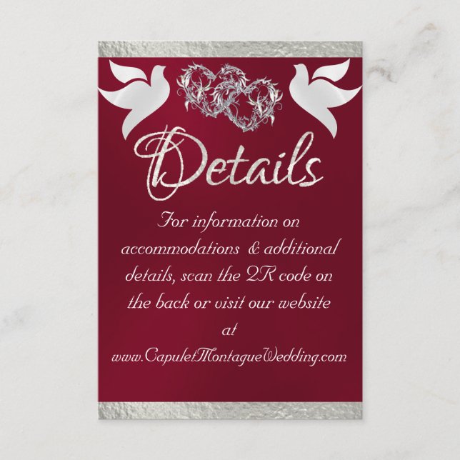 Heart & Doves, QR Code - Burgundy/Silver Enclosure Card (Front)