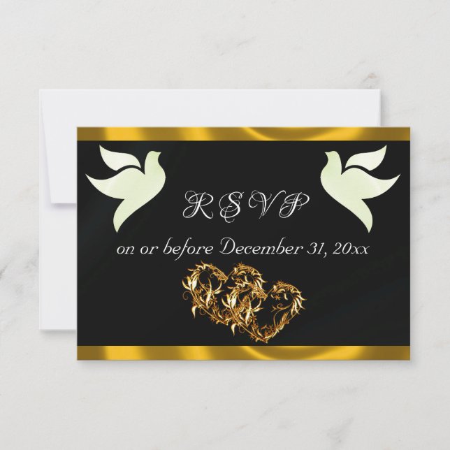 Heart, Doves & Ribbon - Black/Gold RSVP Card (Front)