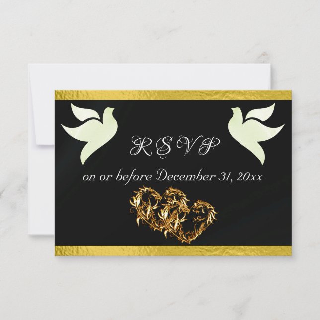 Heart, Doves & Ribbon - Black/Gold RSVP Card (Front)