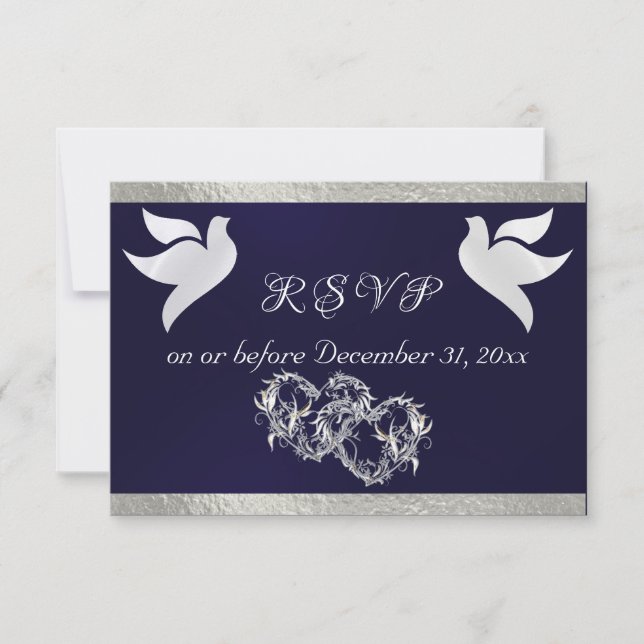 Heart, Doves & Ribbon - Black/Silver RSVP Card (Front)