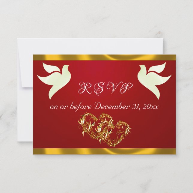 Heart, Doves & Ribbon - Crimson/Gold RSVP Card (Front)