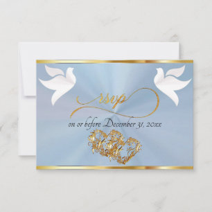 Heart, Doves & Ribbon - Pastel Blue/Gold RSVP Card