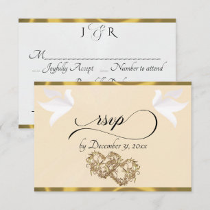 Heart, Doves & Ribbon - Peach Pearl/Gold RSVP Card