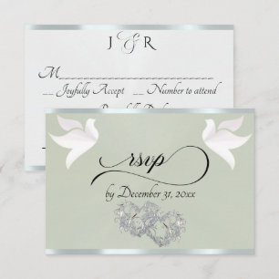 Heart, Doves & Ribbon - Sage Pearl/Silver RSVP Card