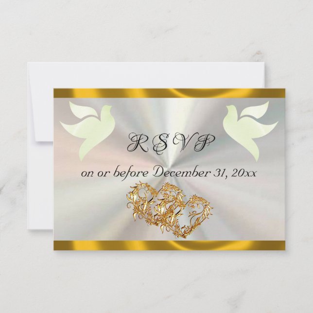 Heart, Doves & Ribbon - White/Gold RSVP Card (Front)