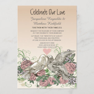 Heart Doves Rose Pink Romance Wedding Invitation