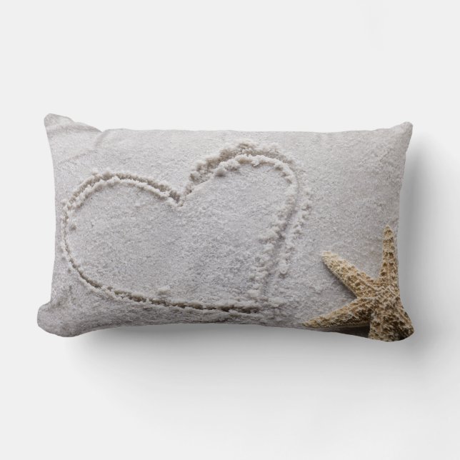 Heart Drawn in Sand at Beach w Starfish Template Lumbar Cushion (Front)