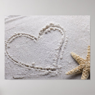 Heart Drawn in Sand at Beach w Starfish Template Poster