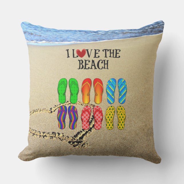 Heart drawn in the sand, I Love the Beach Outdoor Cushion (Front)