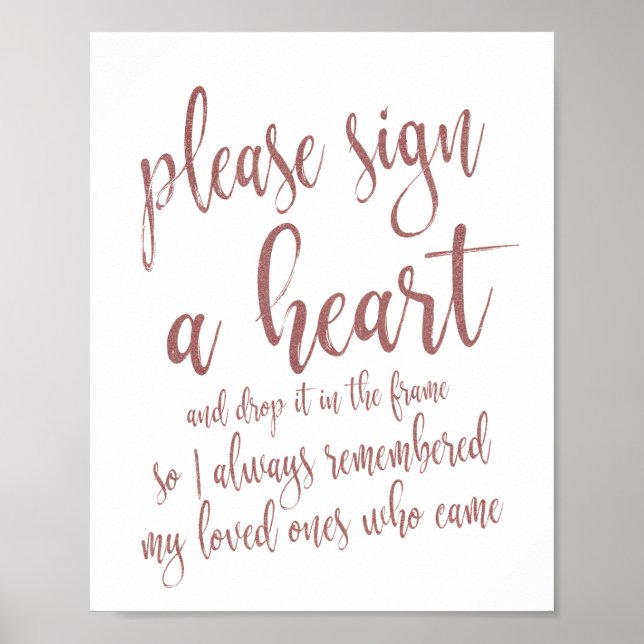 Heart Drop Guest Book Rose Gold Glitter 8x10 Sign (Front)