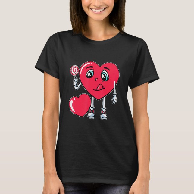 Heart Eating Lollipop Valentines Day Sweet Candy B T-Shirt (Front)