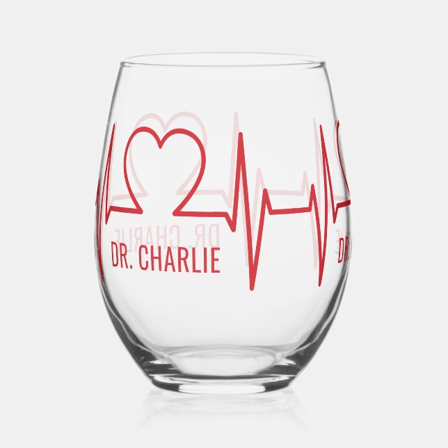 Heart EKG custom name Stemless Wine Glass (Front)