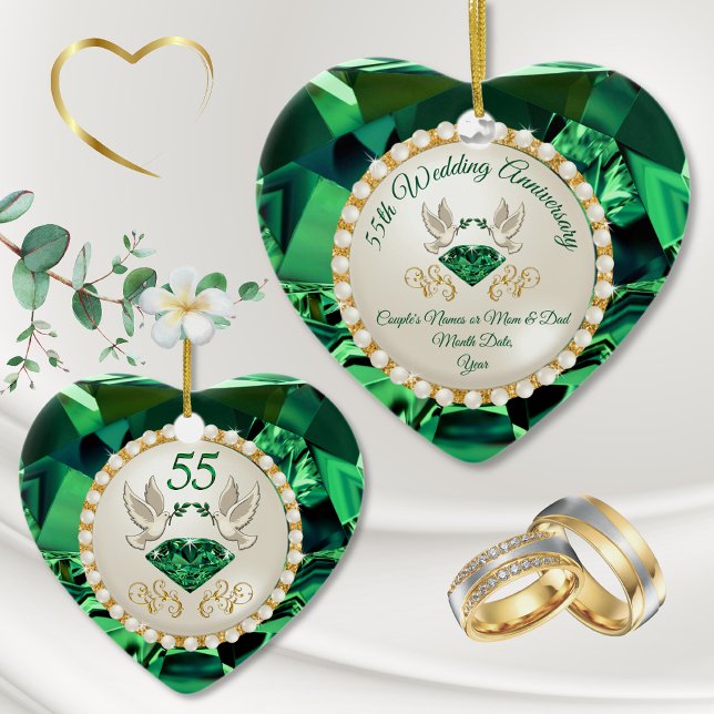 Heart Emerald, 55th Anniversary Gift Ideas Ceramic Tree Decoration (Emerald Ornament. 55th Anniversary Ornament. Emerald Wedding Anniversary Ornament.)