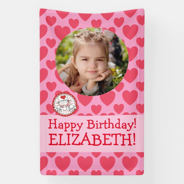 Heart Fairy Pink Girls Photo Birthday Party Banner (Vertical)