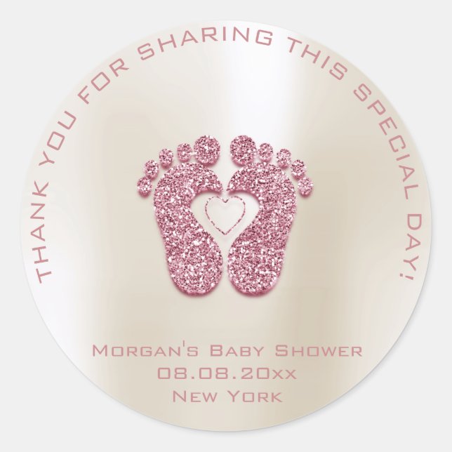 Heart Feet Baby Shower Favour Girl Thank Pink Ivor Classic Round Sticker (Front)